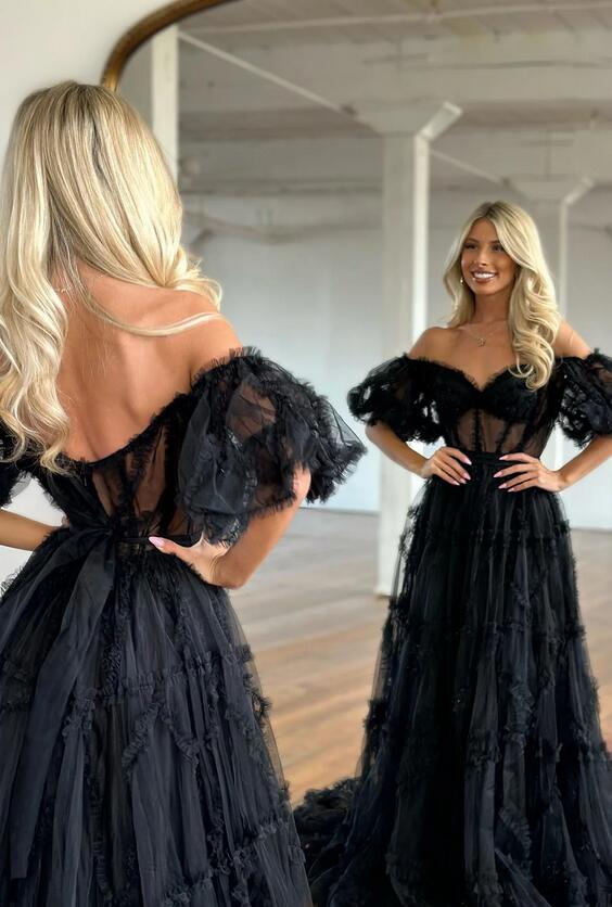 Tulle Long Prom Dress with Sheer Corset Bodice and Off the Shoulder Sleeves