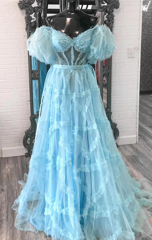 Tulle Long Prom Dress with Sheer Corset Bodice and Off the Shoulder Sleeves