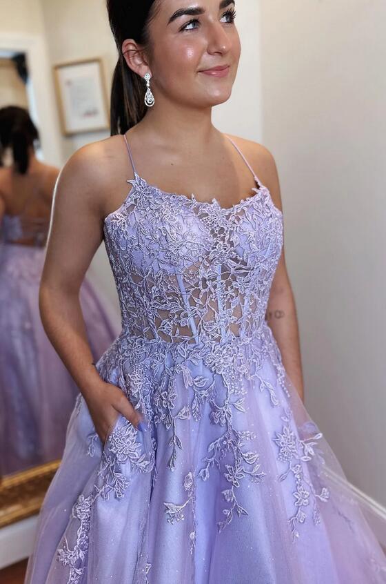 Lilac Sparkly Long Prom Dresses with Lace-up Back