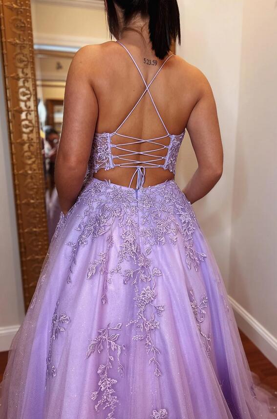 Lilac Sparkly Long Prom Dresses with Lace-up Back