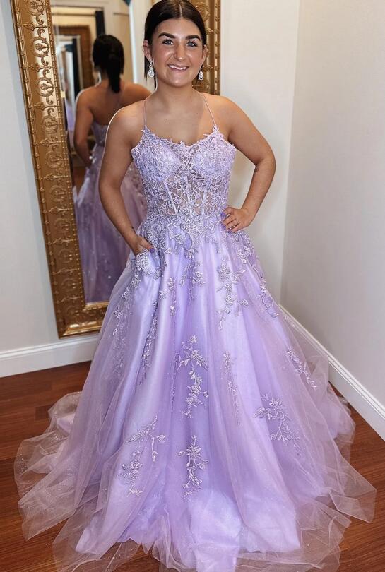 Lilac Sparkly Long Prom Dresses with Lace-up Back
