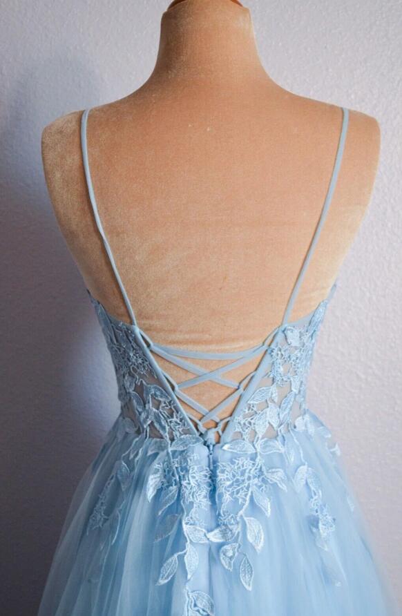 Light Blue Long Prom Dresses with Lace-up Back