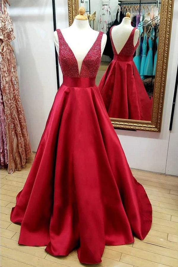 V Neckline Prom Dress Long, Dance Dresses, Graduation School Party Gown