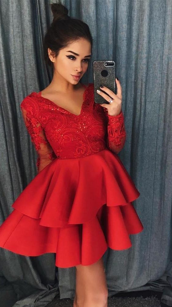 Red Homecoming Dress Long Sleeves, Short Prom Dress, Graduation School Party Gown Red Homecoming Dress Long Sleeves, Short Prom Dress, Graduation School Party Gown