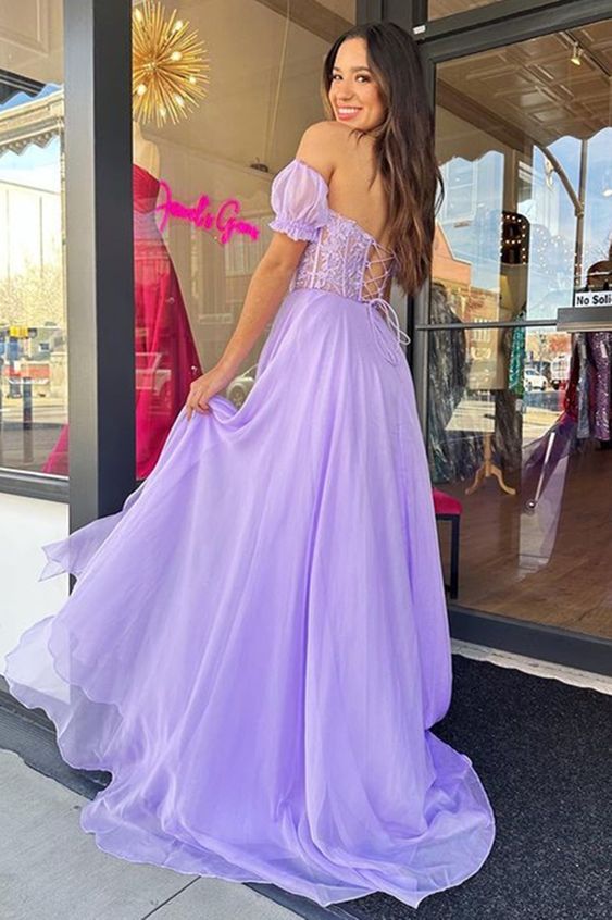 Chiffon Prom Dresses Long with Leaf Lace Corset Bodice and Removable Sleeves