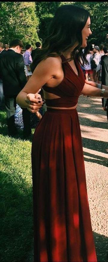 Fashion Burgundy Two Pieces Prom Dress Long, Evening Dress, Dance Dresses, Graduation School Party Gown