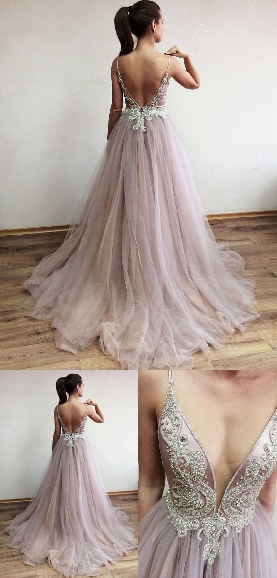 V-neck Beaded Prom Dress Long, Evening Dress, Dance Dresses, Graduation School Party Gown