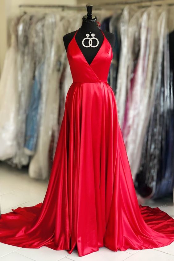 red dress for graduation party A Line V Neck Red High Slit Prom Dresses, V Neck Red Long Formal Graduation Dresses, US 14 / Custom Color / With Rush+$19.99