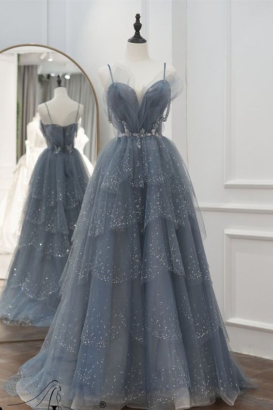 Straps Sparkly Princess Ball Gown Long Prom Dress