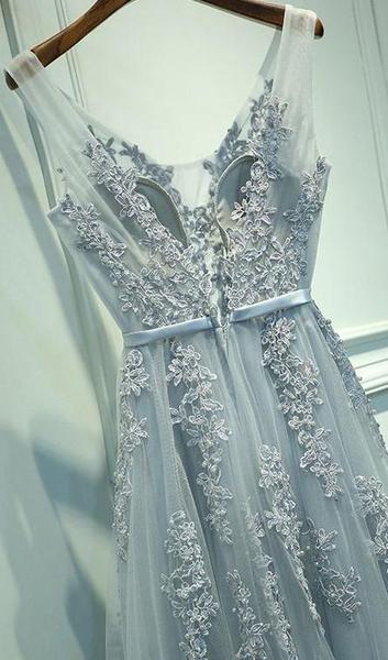 V-neck A-line Appliqued Prom Dress Long, Evening Dress, Dance Dresses, Graduation School Party Gown