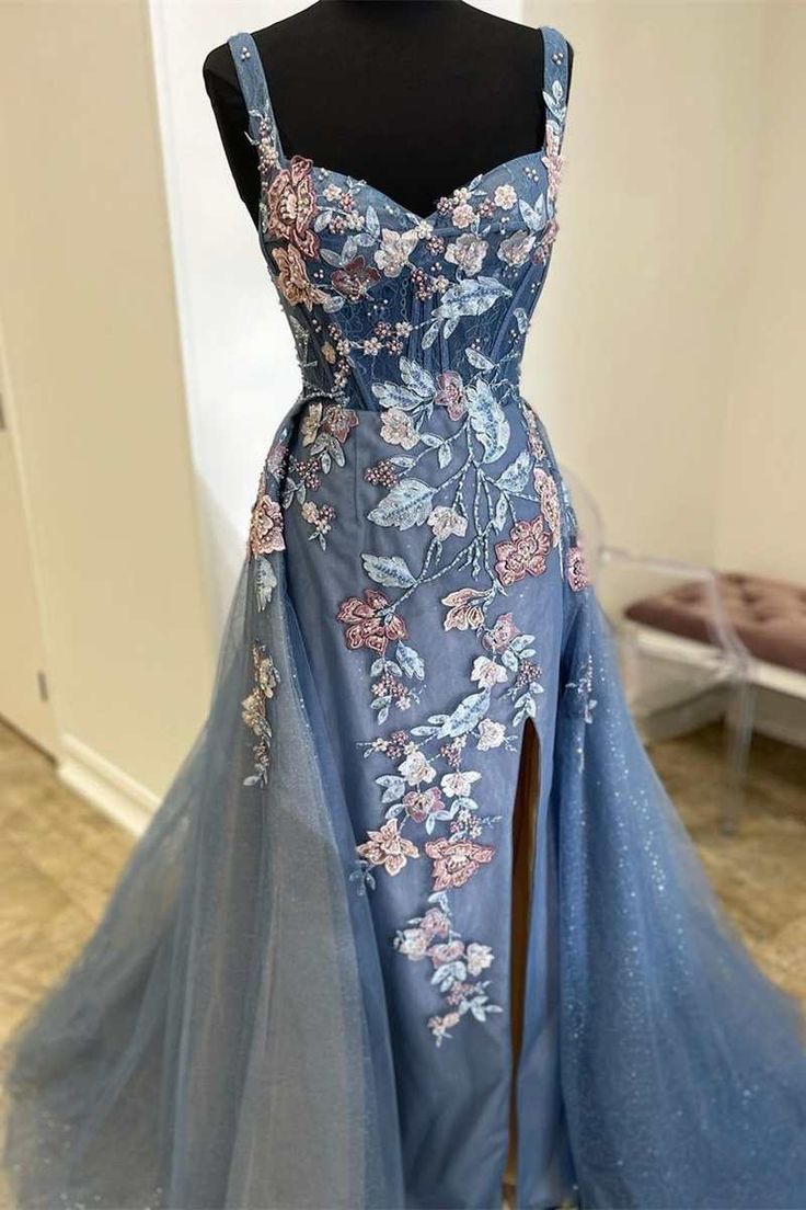 Straps Mermaid Tulle/Lace Prom Dresses Long with Slit