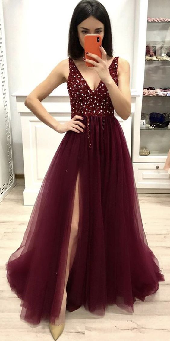 Beaded Prom Dress with Slit, Prom Dresses, Pageant Dress, Evening Dress, Ball Dance Dresses, Graduation School Party Gown