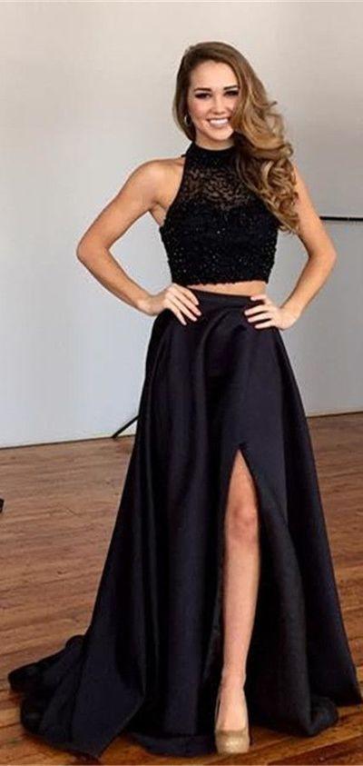 Two Pieces Black Prom Dress, Prom Dresses, Evening Gown, Graduation School Party Dress, Winter Formal Dress