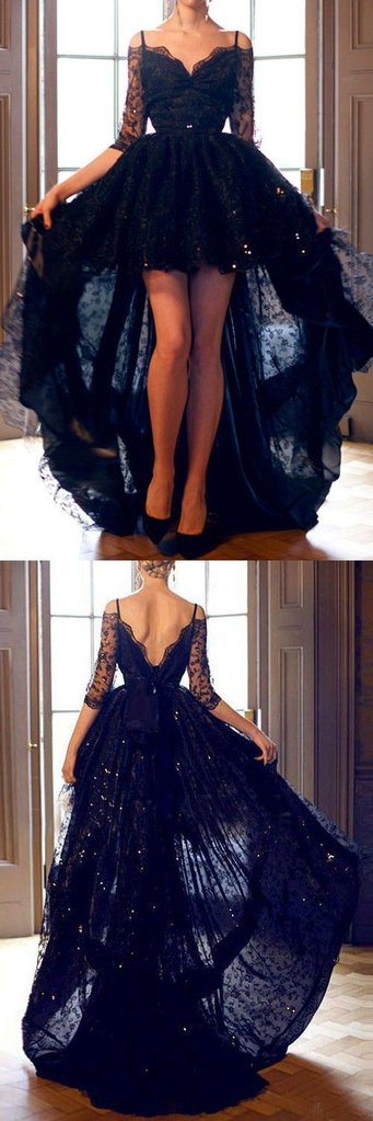 High Low Lace Prom Dress, Prom Dresses, Evening Gown,Graduation School Party Gown, Winter Formal Dress