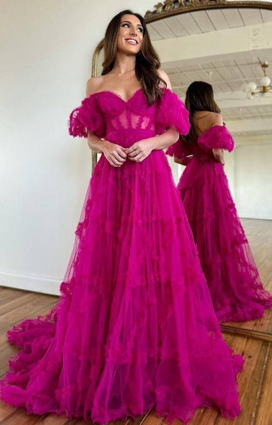 Tulle Long Prom Dresses with Sheer Corset Bodice and Balloon Sleeves