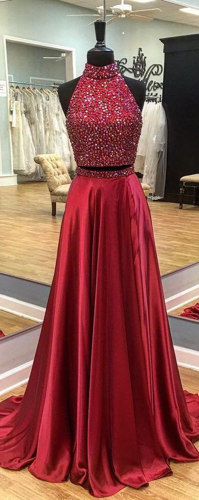 Two Pieces Prom Dress Halter Neckline, Prom Dresses, Evening Gown, Graduation School Party Dress, Winter Formal Dress