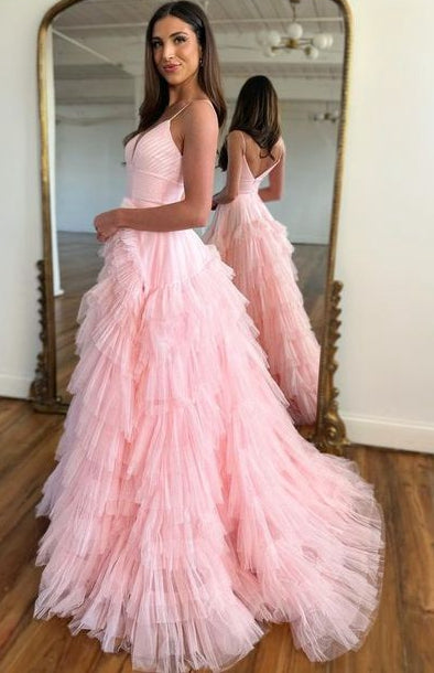 Unique Long Prom Dress Deep V Neckline with Ruffle Skirt