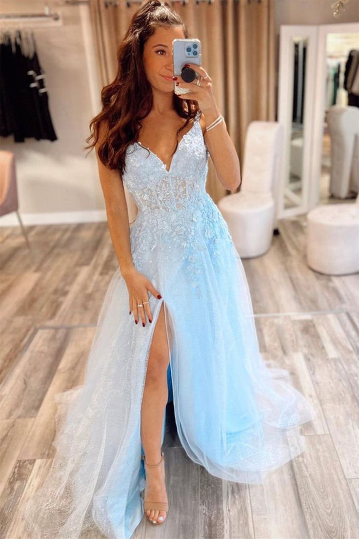 V-neck Light Blue Long Prom Dresses