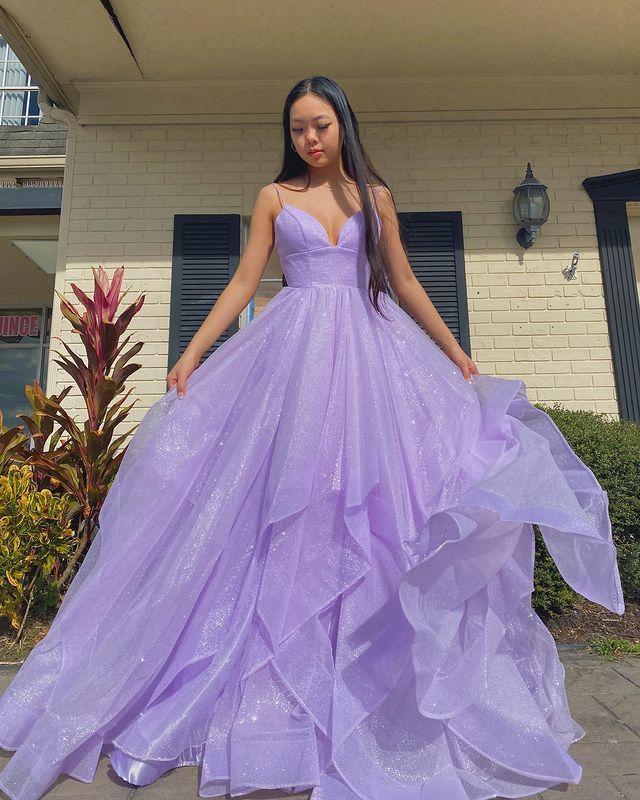Straps Sparkling Ball Gown Long Prom Dress with Lace-up Back