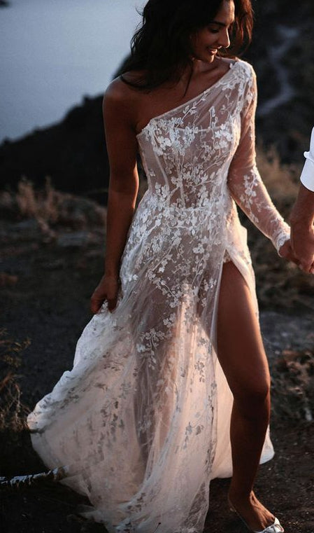 One Shoulder Sexy Lace Beach Wedding Dresses DT1602