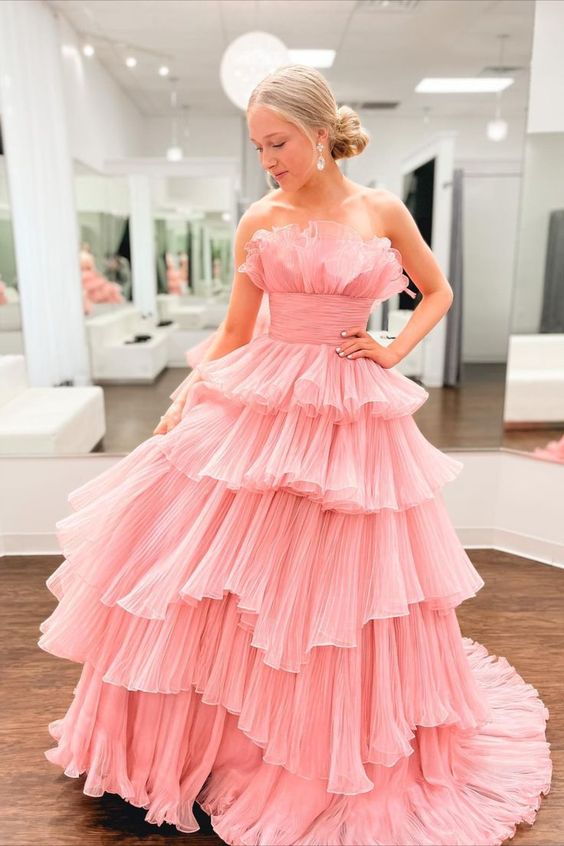 Princess Organza Pleated Long Prom Dress with Ruffle Tiered Skirt