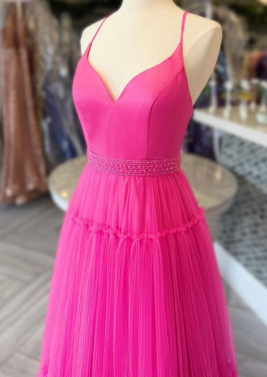 Straps Open Back Tulle Long Prom Dress