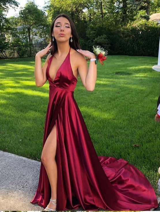 maroon prom dresses with slits High Thigh Slit Burgundy Prom Dress Long Off-the-shoulder loveangeldress