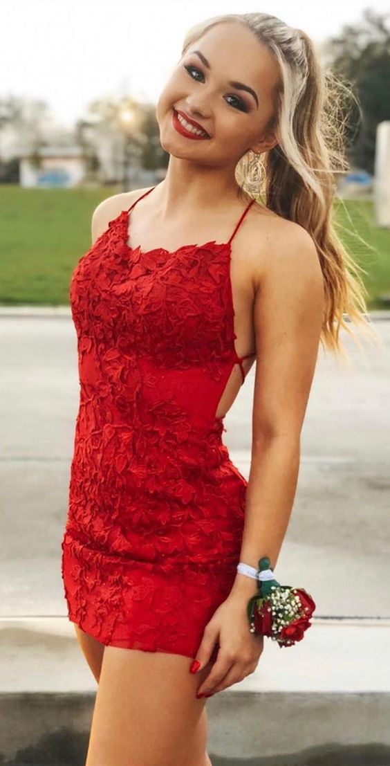 Red Lace Homecoming Dresses HOCO Dress Short Prom Dress Back