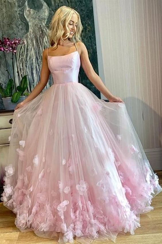 Pink Tulle Floral Long Prom Dresses,Spaghetti Straps Pink Floral Long DressesTailor Pink Tulle Floral Long Prom Dresses,Spaghetti Straps Pink Floral Long DressesTailor