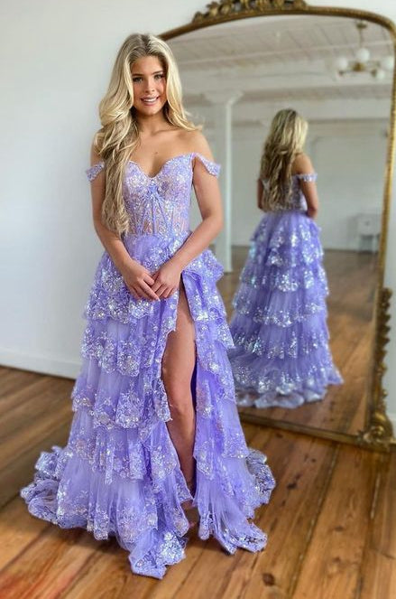 Tulle Sequins Long Prom Dress with Sheer Corset Bodice and Ruffle Skirt