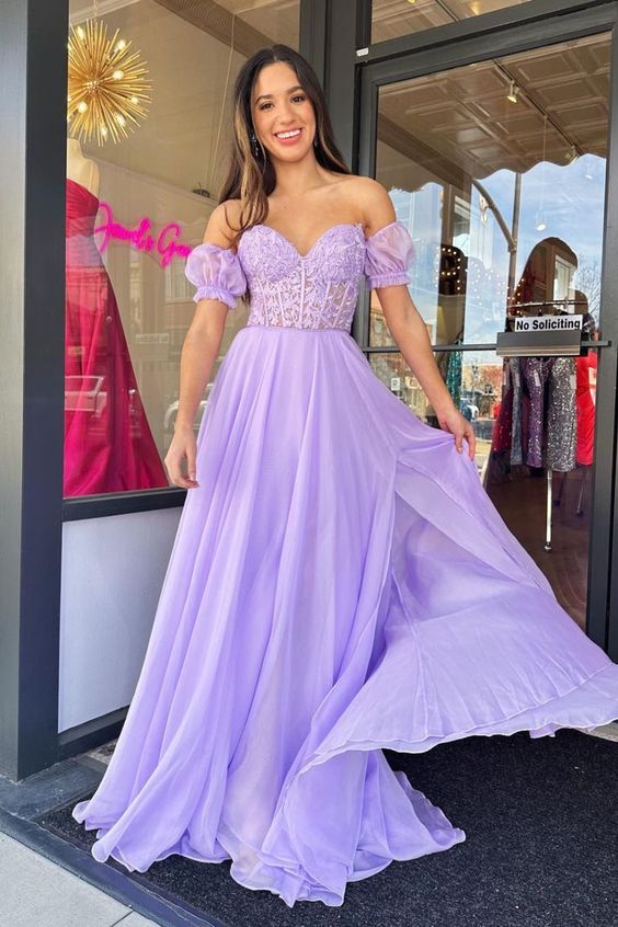 Chiffon Prom Dresses Long with Leaf Lace Corset Bodice and Removable Sleeves