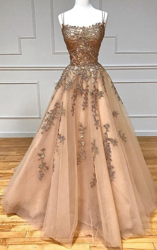 Straps Leaf Lace Ball Gown Long Prom Dresses