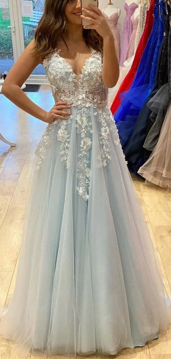 Strapless Tulle/Lace Long Prom Dresses
