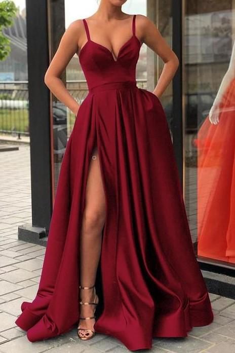 Burgundy Prom Dress Slit Skirt, Dance Dresses, Graduation School Party Gown