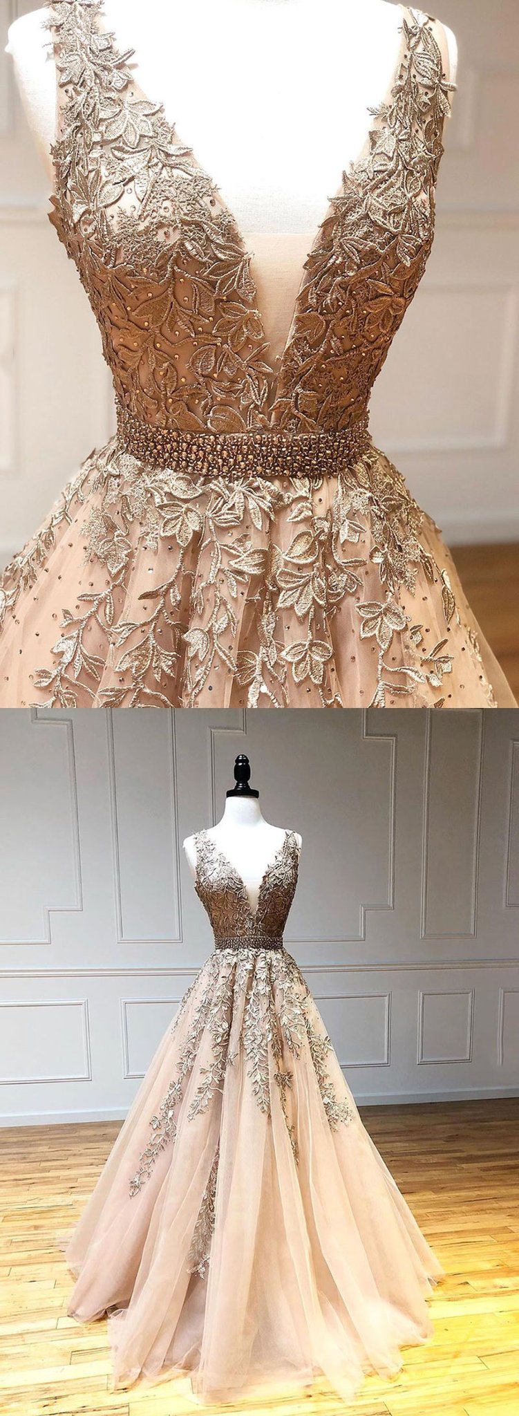 V-neck Leaf Lace Ball Gown Prom Dresses with Beading