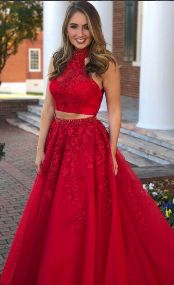 Two Pieces Prom Dress Halter Neckline, Dresses For Graduation Party, Evening Dress,