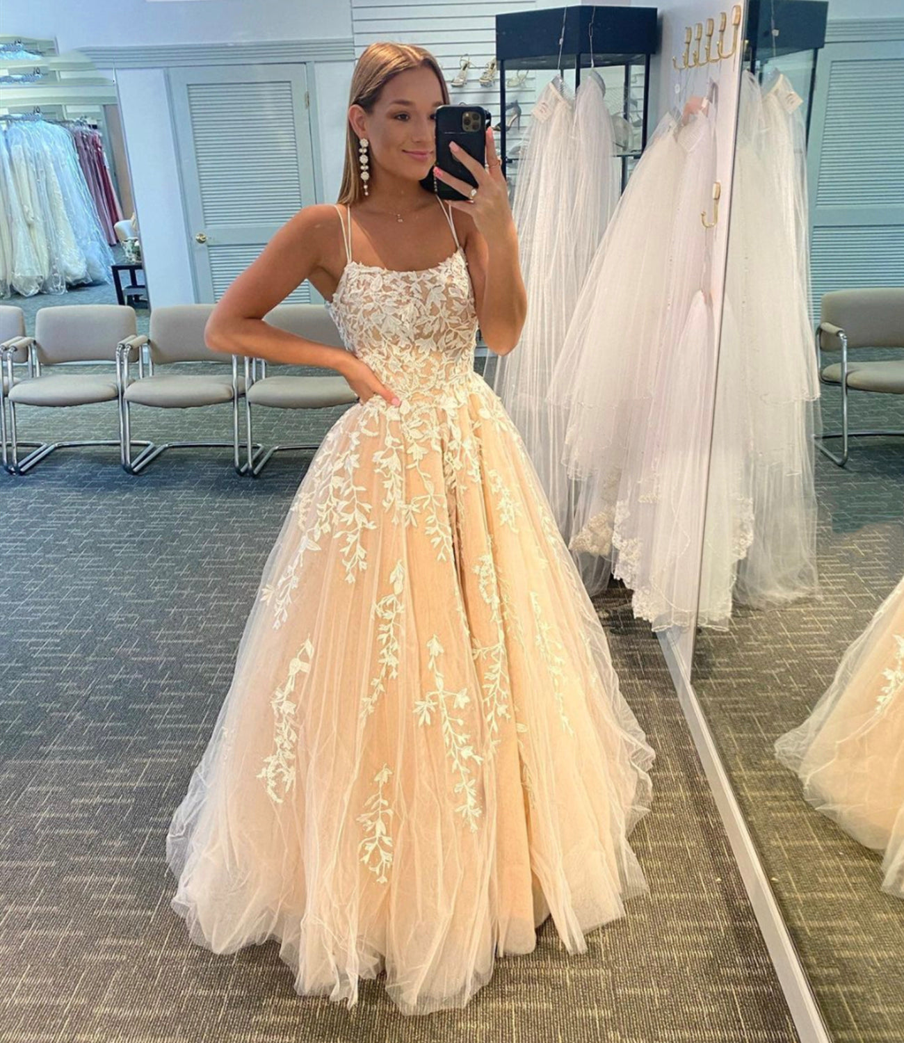 Red Leaf Lace Ball Gown Long Prom Dresses with Pearls