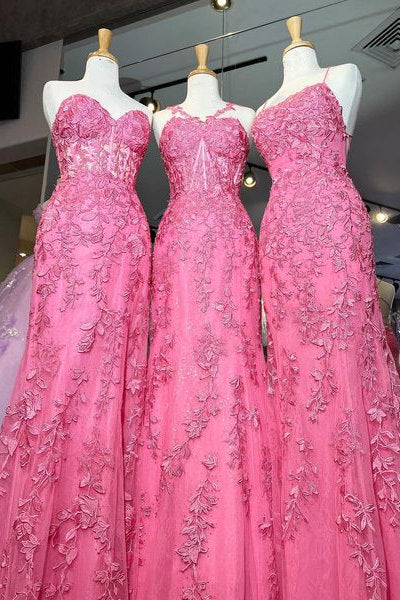 Hot Pink Leaf Lace Long Prom Dress
