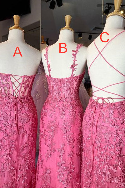 Hot Pink Leaf Lace Long Prom Dress