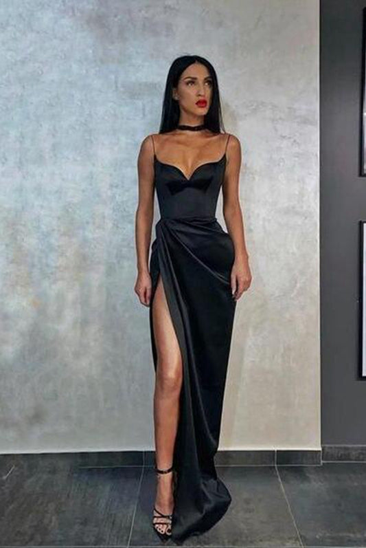 Sexy Sheath Sweetheart Black Silk Satin Long Prom Dresses with Slit,Formal Dresses
