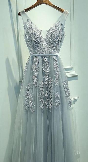 V-neck A-line Appliqued Prom Dress Long, Evening Dress, Dance Dresses, Graduation School Party Gown