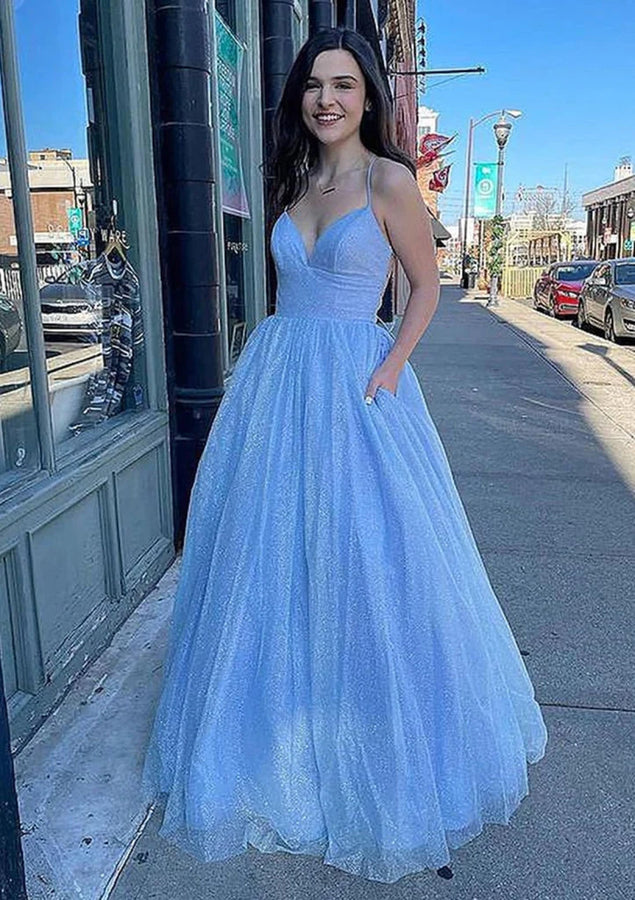 V-neck A-line Sparkly Long Prom Dresses