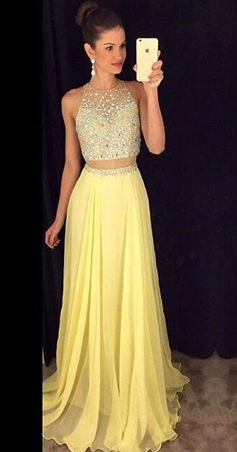 Two Pieces Yellow Prom Dress, Prom Dresses, Evening Gown, Graduation School Party Dress, Winter Formal Dress
