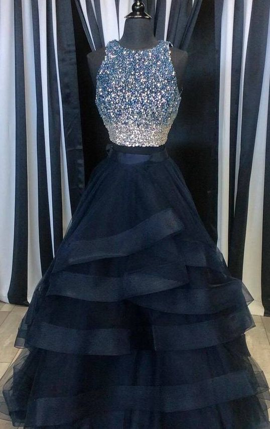 Two Pieces Navy Prom Dress Halter Neckline, Evening Dress, Graduation School Party Dance Dress