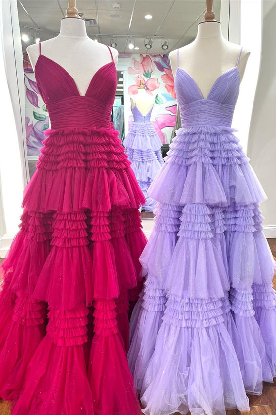 Straps Sparkly Tulle Long Prom Dress with Tiered Ruffle Skirt and Ruched Bodice