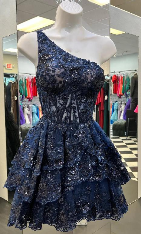 Navy One Shoulder Homecoming Dress with Sheer Corset Bodice and Ruffled Skirt, DTH153