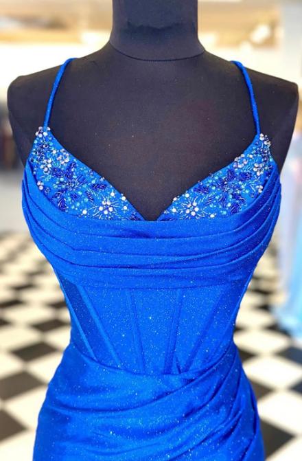 Sparkly Royal Blue Beaded Pleated Sheath Homecoming Dress DTH155