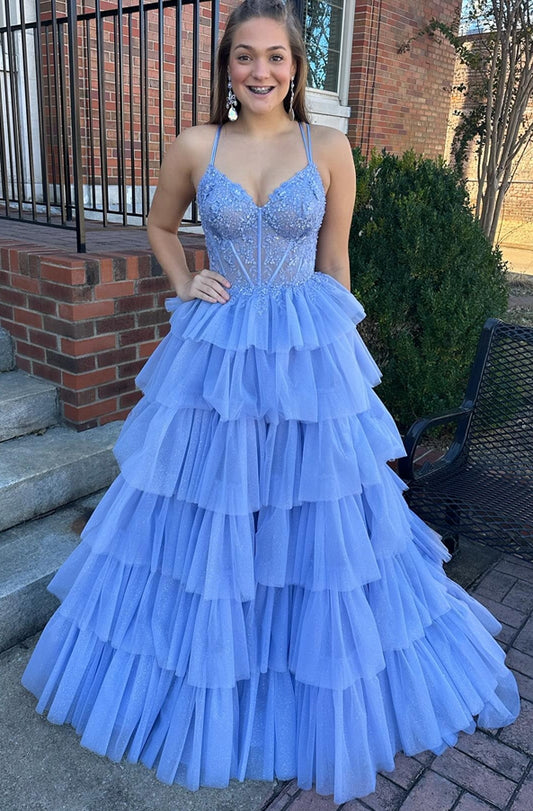 Ruffle Tulle Ballgown Long Prom Dresses with Lace Corset Bodice