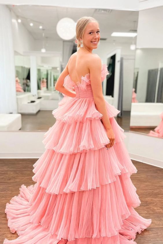 Organza Pleated Long Prom Dress with Ruffle Tiered Skirt