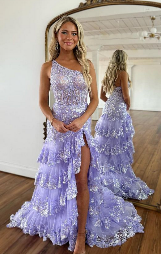 One Shoulder Lilac Tulle Sequin Mermaid Prom Dress with Sheer Corset Bodice and Ruffle Skirt